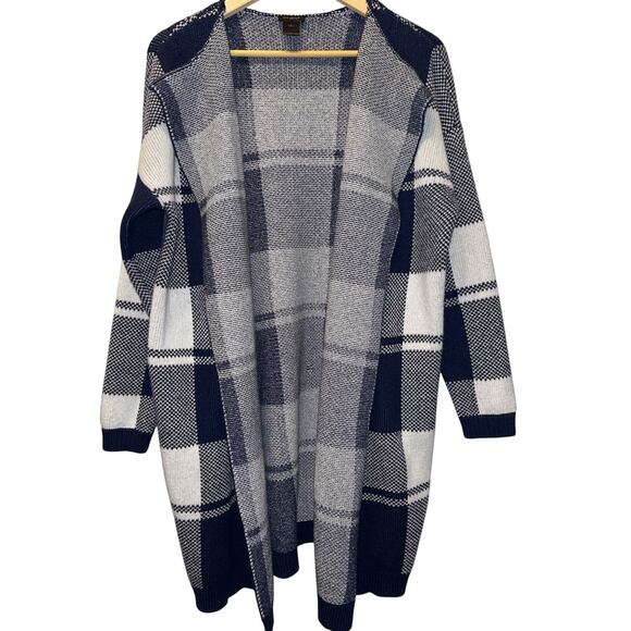 Ann Taylor Blue & White Plaid Open Front Duster Cardigan Wool Lagenlook Luxury - Picture 1 of 12